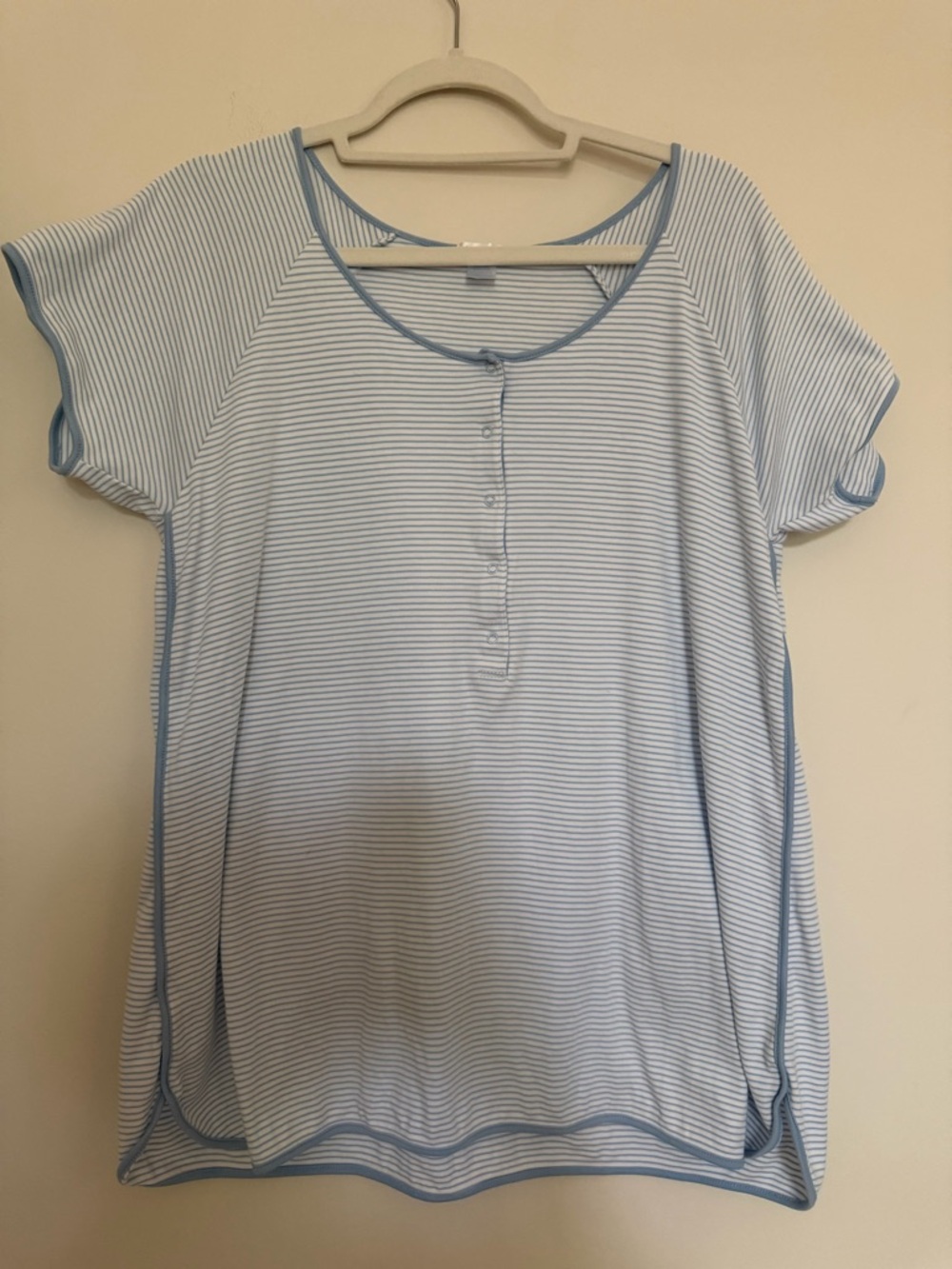 LAKE Blue White Stripe Snap Front Short Sleeve Pima Cotton Pajama Top - Large